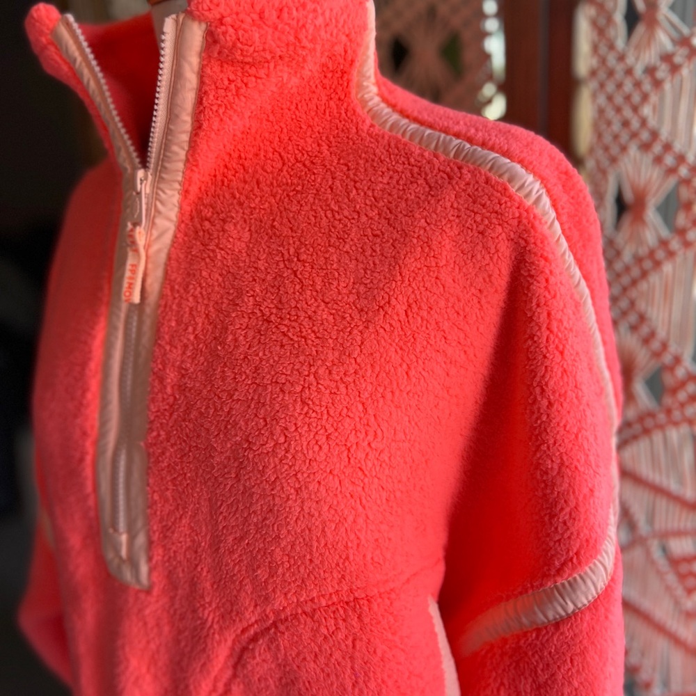 Free People Mountain High Neon Coral Fleece Quarter Zip Pullover NWOT - Picture 2 of 8